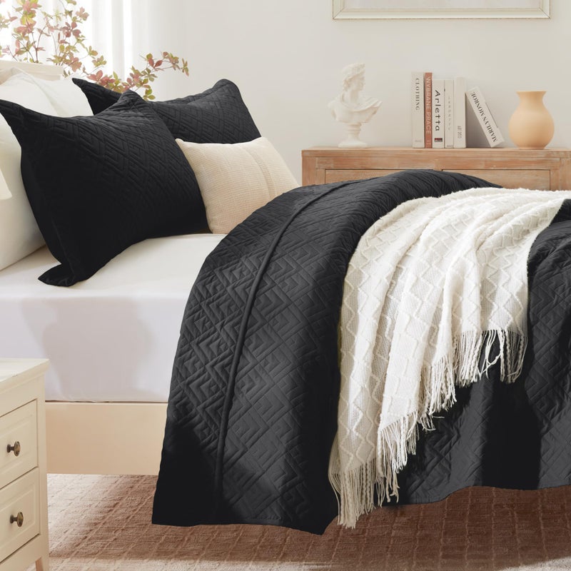 EXQ Home Quilt Set Twin Size Black 2 Piece,Lightweight Soft Coverlet Modern Style Squares Pattern Bedspread Set for All Season(1 Quilt,1 Pillow Shams) - Image 2